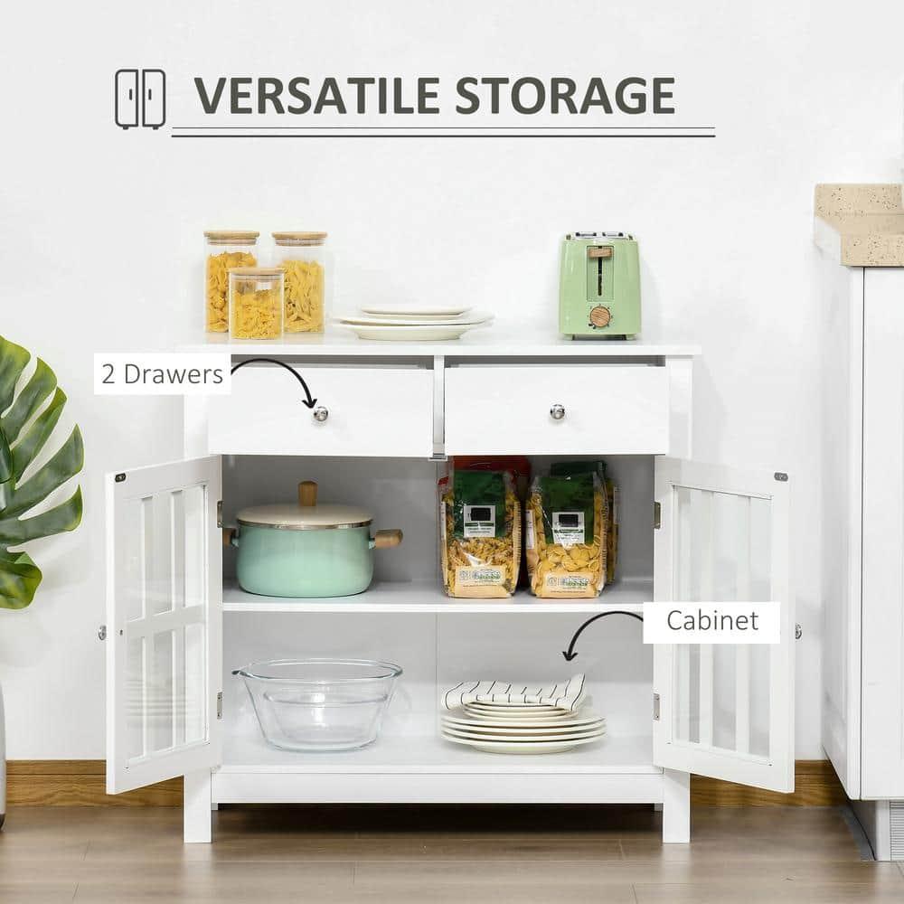 HOMCOM Sideboard Buffet Cabinet, Storage Cupboard with Glass Doors, Adjustable Shelf and 2 Drawers for Kitchen, White