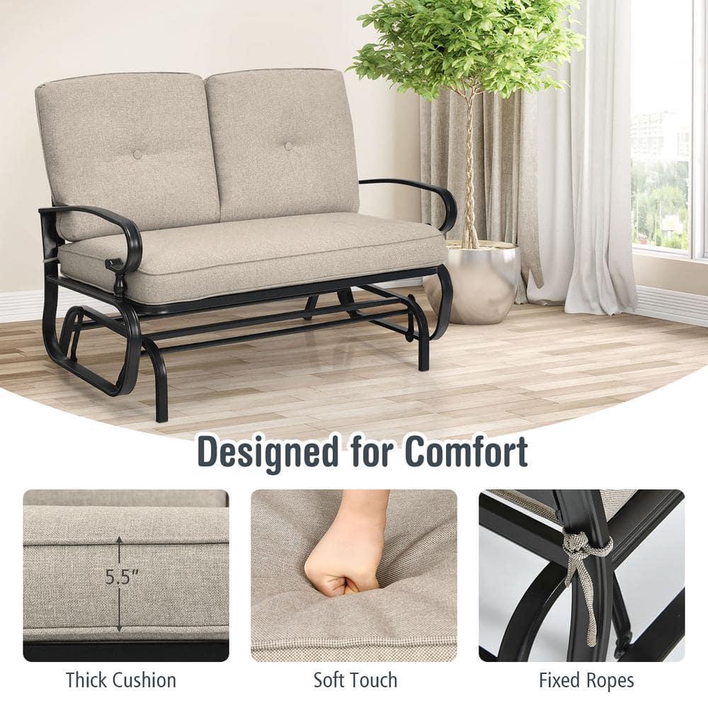 Costway 2-Person Outdoor Swing Glider Chair Bench Loveseat Cushioned Sofa Beige