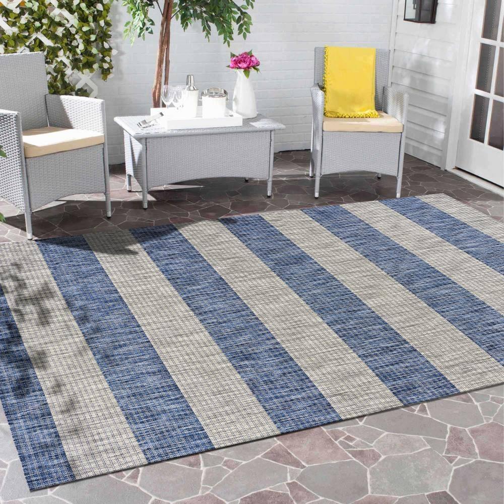 LR Home Camila 5' x 7', Gray/Blue Stripe Fade, Stain, and Moisture Resistant Indoor/Outdoor Area Rug