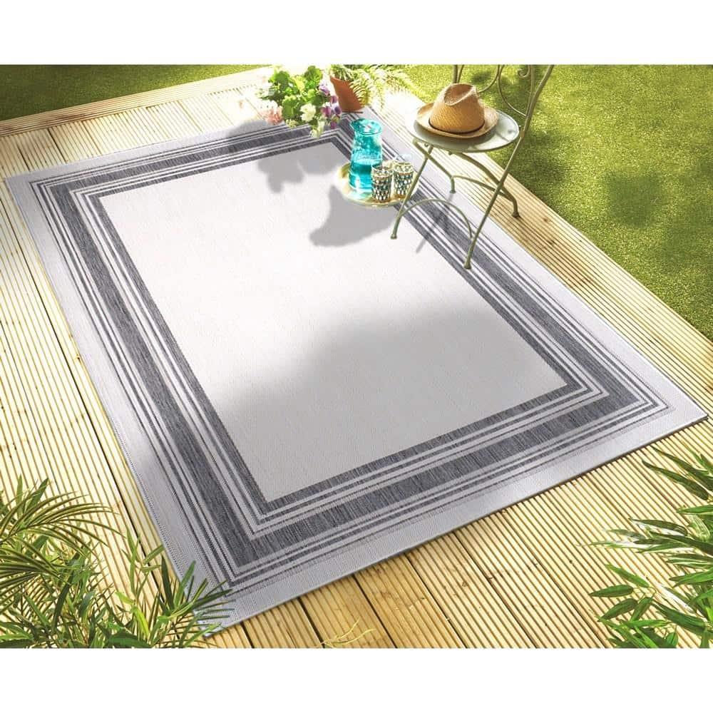 LR Home Kiara 5'3" x 7', Ivory/Black/Gray Bordered Fade & Stain Resistant Indoor/Outdoor Area Rug
