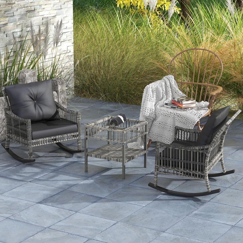 Outsunny Wicker Outdoor Rocking Chair Set, 3 Piece Patio Furniture Set with Padded Cushions and Storage Table, 2-Seater Rattan Bistro Set, Gray