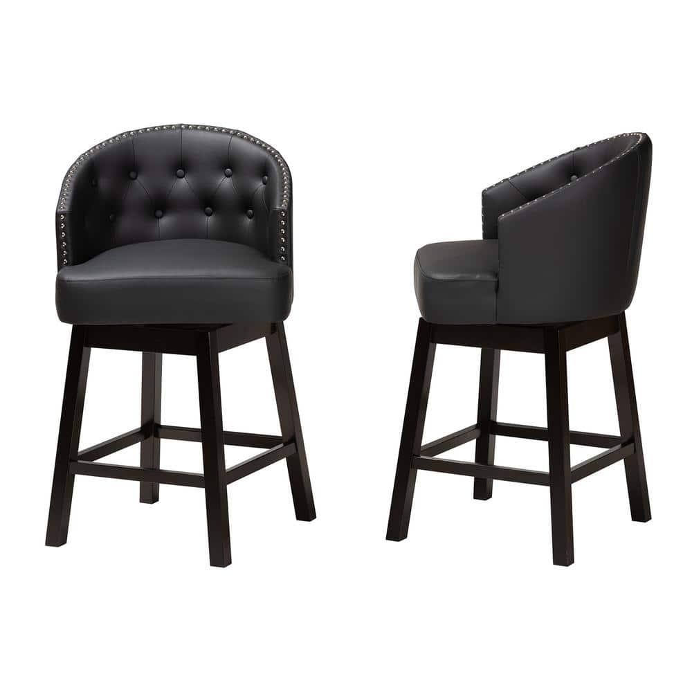 2pc Theron Faux Leather & Wood Swivel Counter Height Barstool Set with Nailhead Trim - Baxton Studio