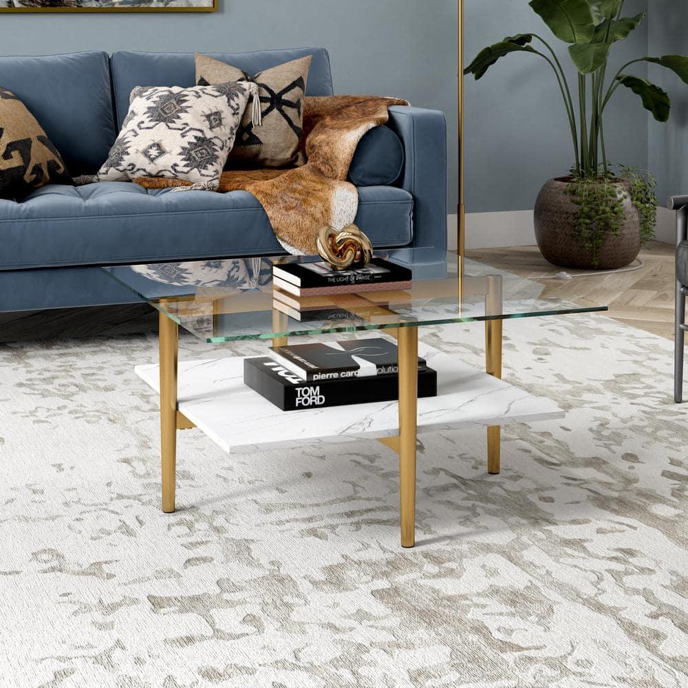 Evelyn&Zoe Otto 32" Wide Square Coffee Table with Faux Marble Shelf, Brass