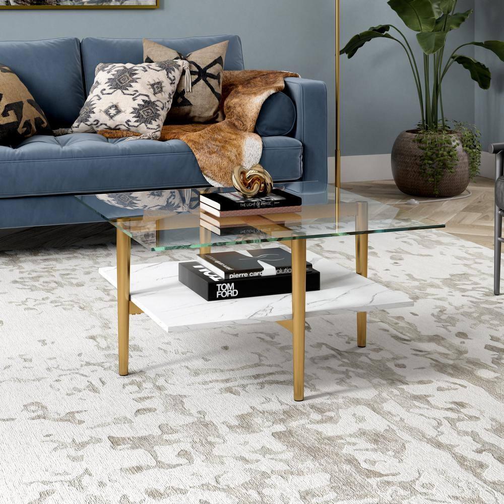 Evelyn&Zoe Otto 32" Wide Square Coffee Table with Faux Marble Shelf, Brass