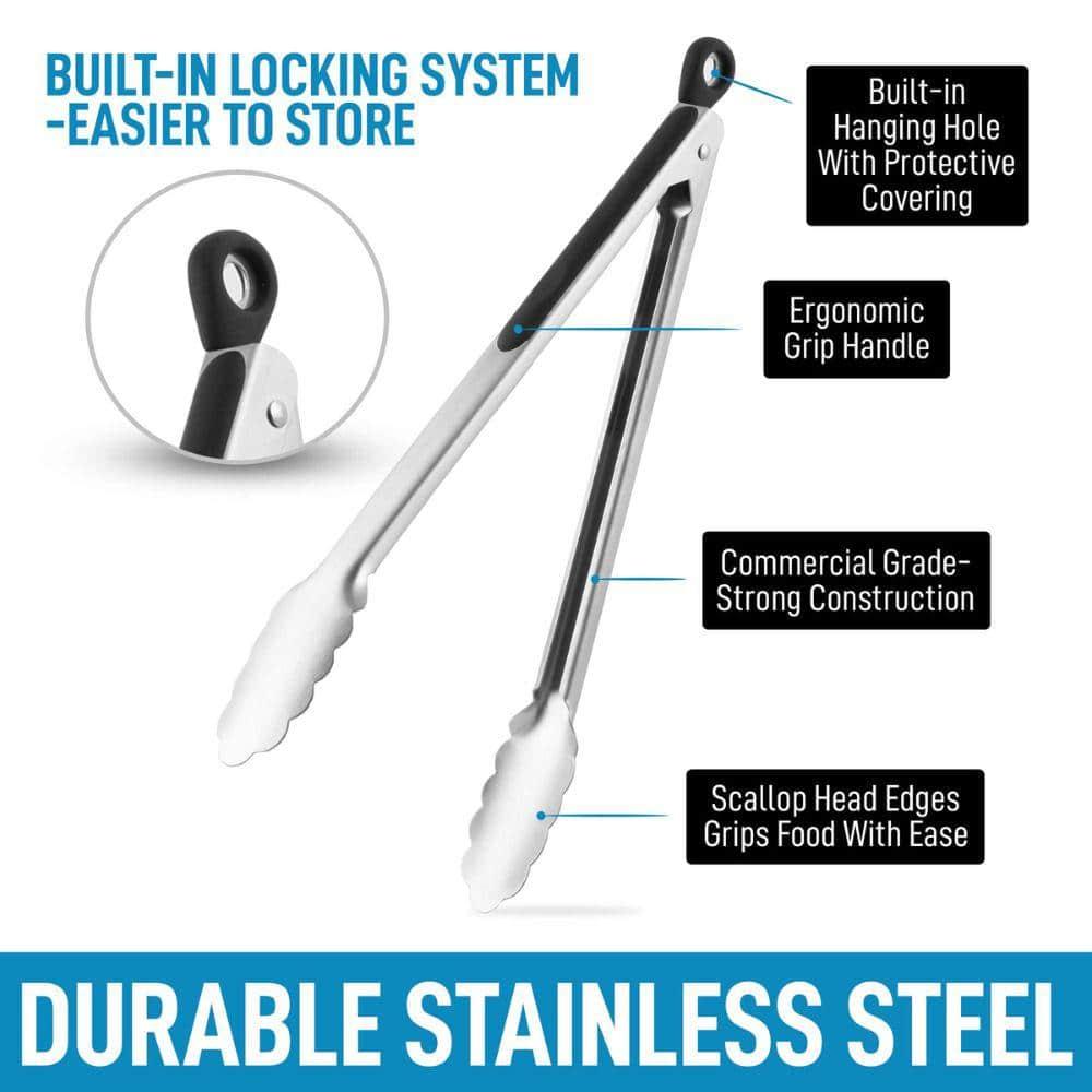 Zulay Kitchen Zulay Stainless Steel Tongs For Cooking - Scallop Head Edge Kitchen Tongs - Easy Grip BBQ Grill Tongs With Lock