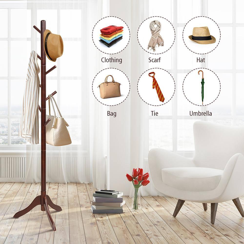 Costway Wooden Coat Rack Stand Entryway Hall Tree 2 Adjustable Height w/ 8 Hooks Brown