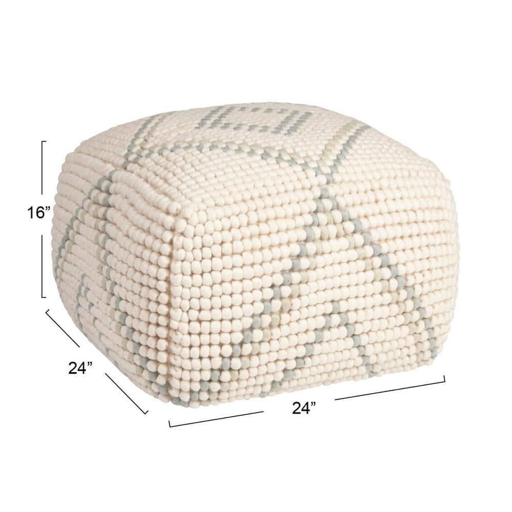 Creative Co-Op Cream New Zealand Pouf with Blue & Green Accents