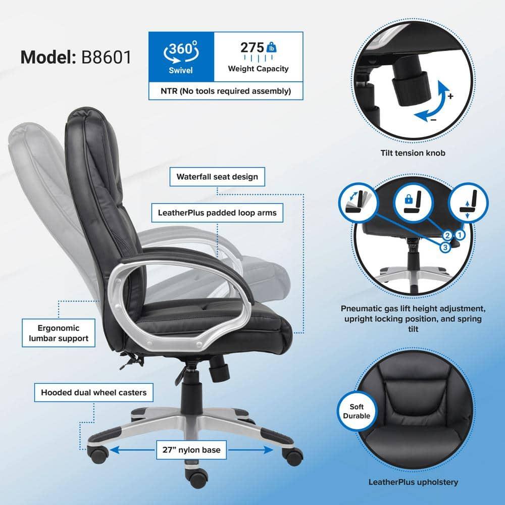 Executive Leatherplus Chair Black - Boss Office Products: High Back, Waterfall Seat, No Tool Assembly