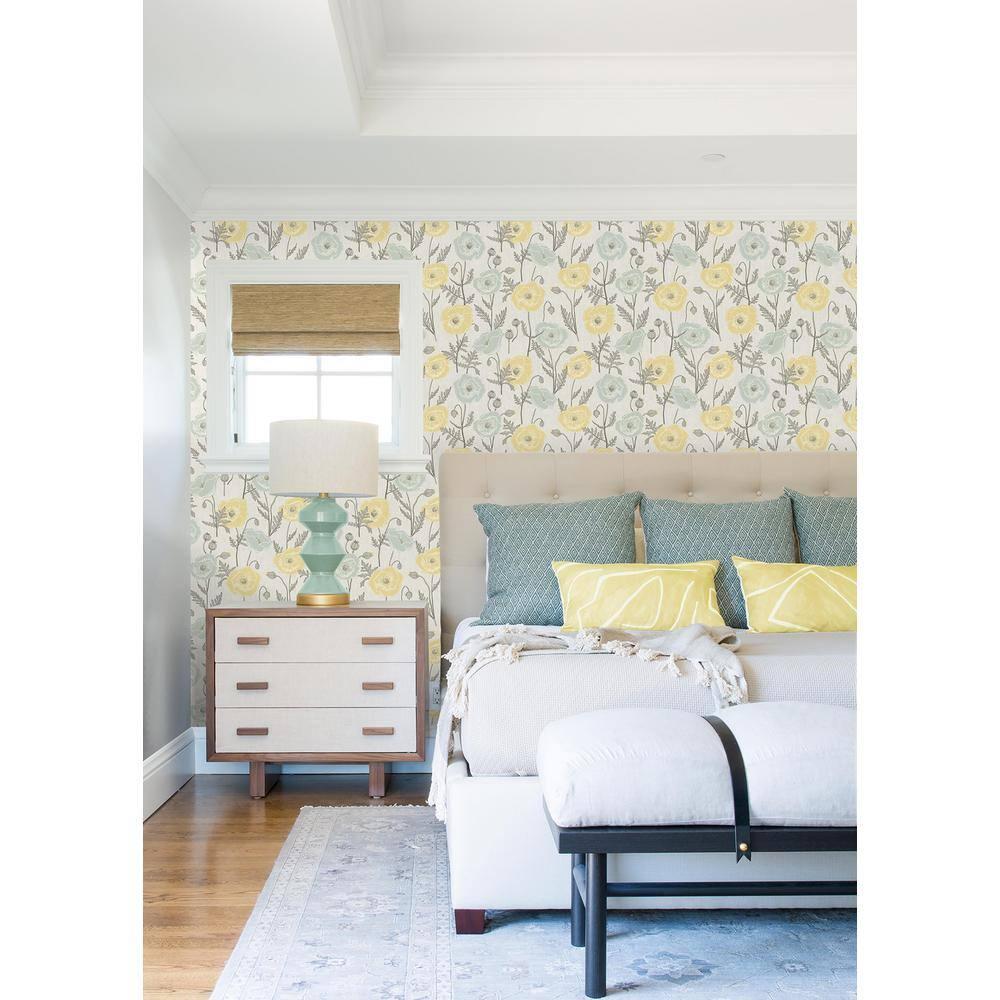 Aqua and Yellow Poppy Field Peel and Stick Wallpaper