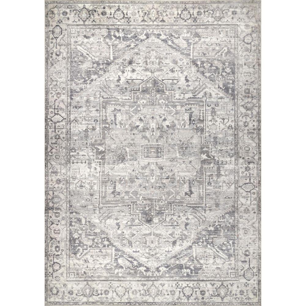 Nuloom 6 Square Machine Washable Rain Haven Vintage Medallion Indoor Area Rug, Grey Non-Slip Backing, Stain Resistant,  BedroomLiving Room, Kitchen