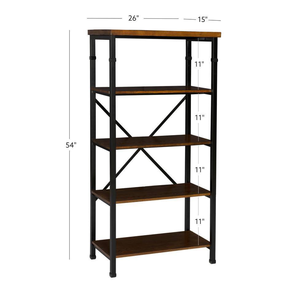 Linon 54" Austin Industrial Bookshelf Metal Wide Bookcase Brown: Farmhouse Style, 4 Fixed Shelves, MDF & Metal Frame