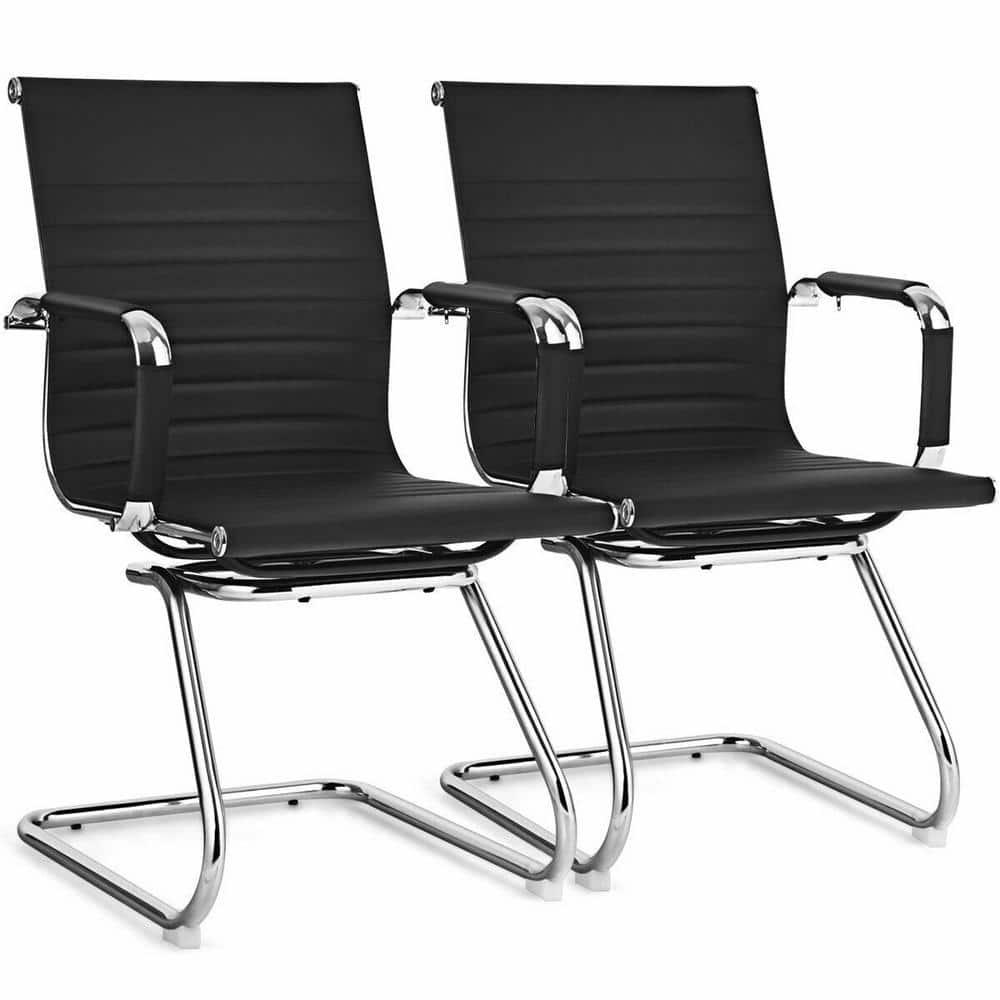 CIMOTA Waiting Room Chairs Leather Office Guest Chair Mid Back Reception Chairs with Sled Base for Meeting/Patient/Conference Room, Retro Black Set of 2