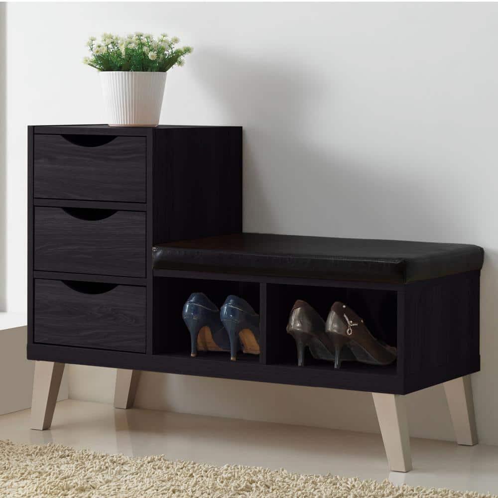 Arielle Modern and Contemporary Wood 3 - Drawer Shoe entryway benches with Two Open Shelves - Dark Brown - Baxton Studio