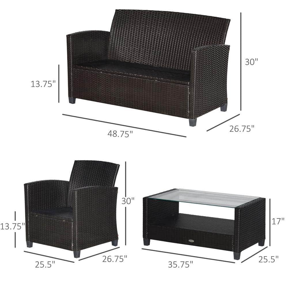 Outsunny 4-Piece Patio Furniture Set, Rattan Wicker Chair W/ Table, Outdoor Conversation Set With Cushion For Backyard, Porch, Or Garden, Blue