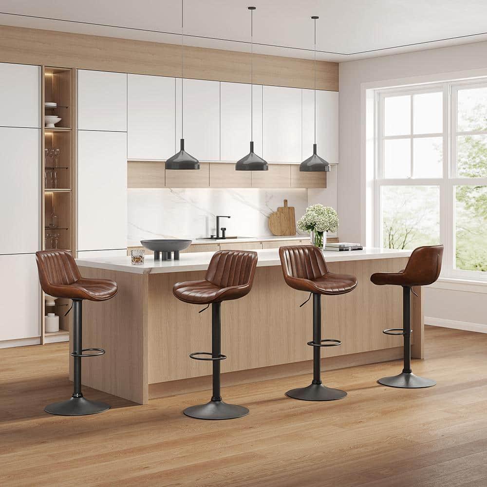 Art Leon Rustic Bar Stools Set of 2, Faux Leather with Backrest Chrome Legs, Upholstered Swivel Kitchen Stools, Cognac