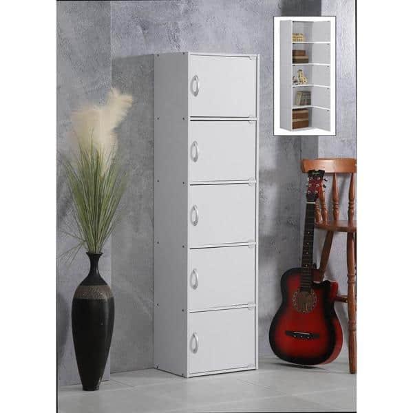 Hodedah HID5 High Quality 5 Shelf Home, Office, and School Enclosed Organization Storage 59 Inch Tall Slim Bookcase Cabinets, White Finish