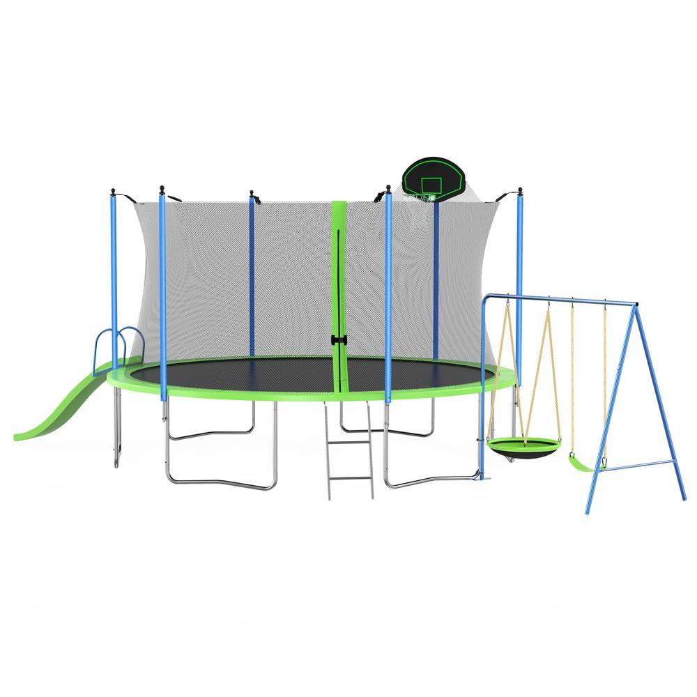 12FT Trampoline with Slide and Swings,Kids Outdoor Trampoline with Safety Enclosure Net and Basketball Hoop, Sports Fitness Recreational Trampolines with Ladder for Kids,Adults