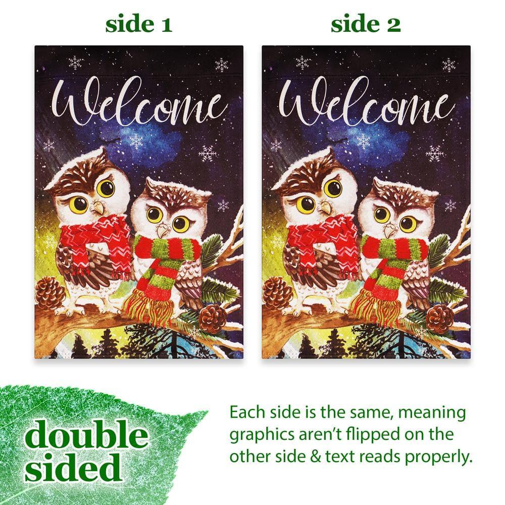 G128-12"x18" Double-Sided Christmas Garden Flag Winter Outdoor Flag Decor, Welcome Cozy Owls Scarves