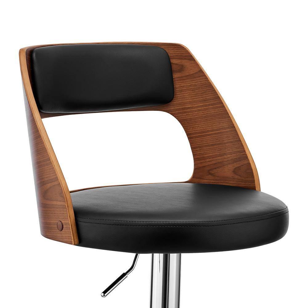 44 x 19 x 19 in. Paulo Adjustable Swivel Faux Leather & Walnut Wood Bar Stool with Base, Black & Chrome