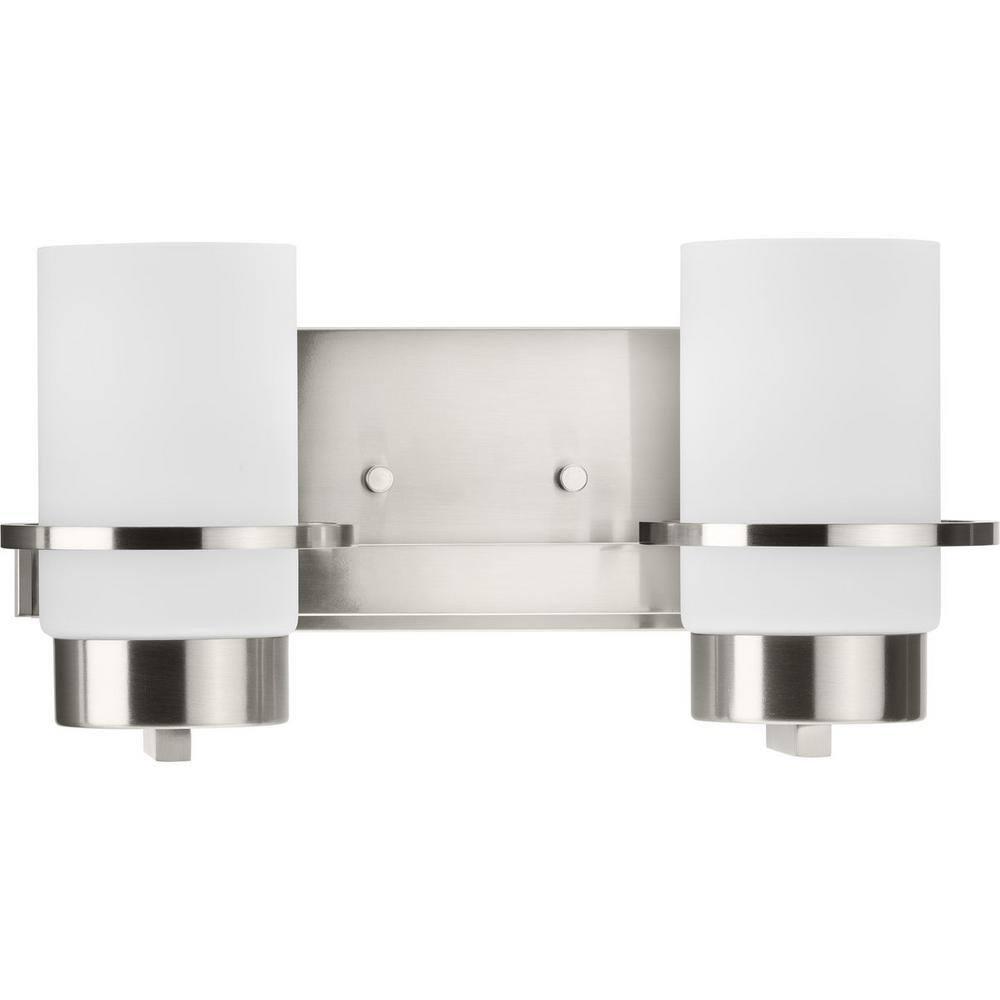 Progress Lighting Reiss 2-Light Vanity Light, Brushed Nickel, White Glass Shade