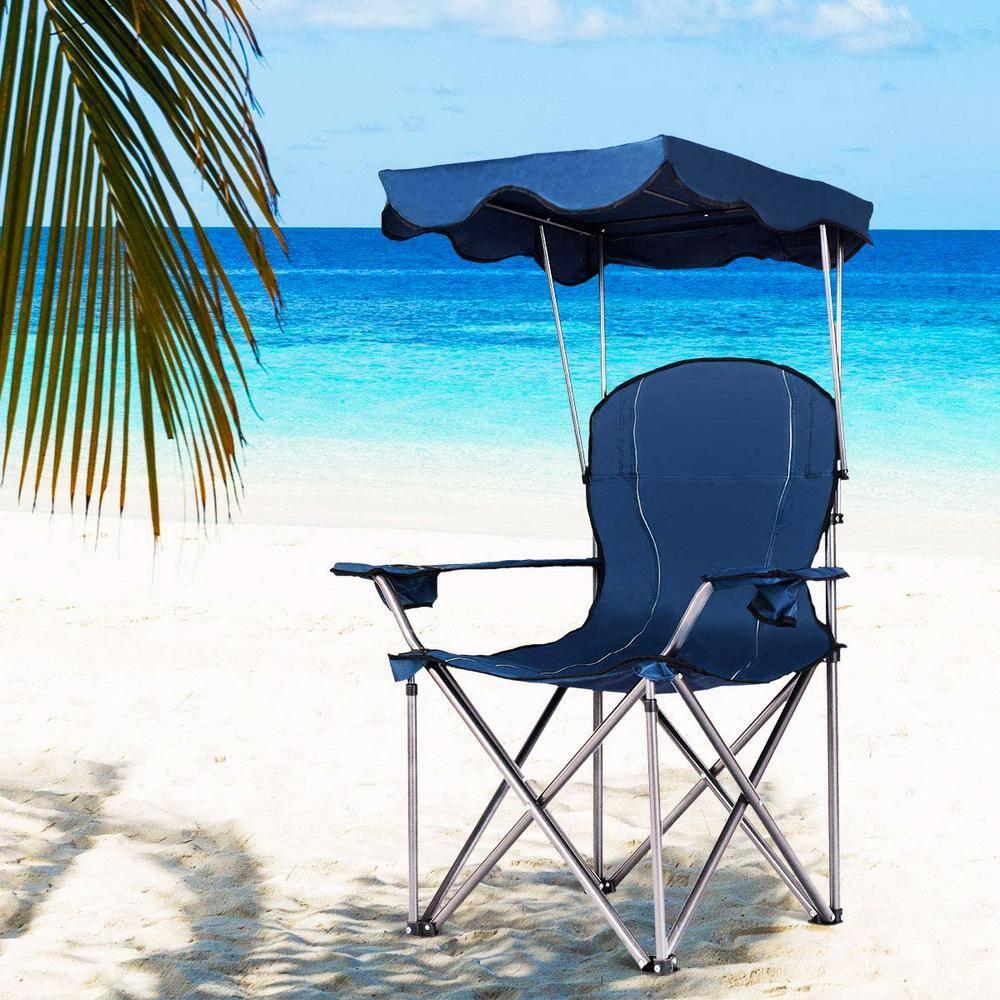 Topcobe Portable Folding Beach Canopy Chair with Cup Holders, Camping Chairs with Canopy, Blue