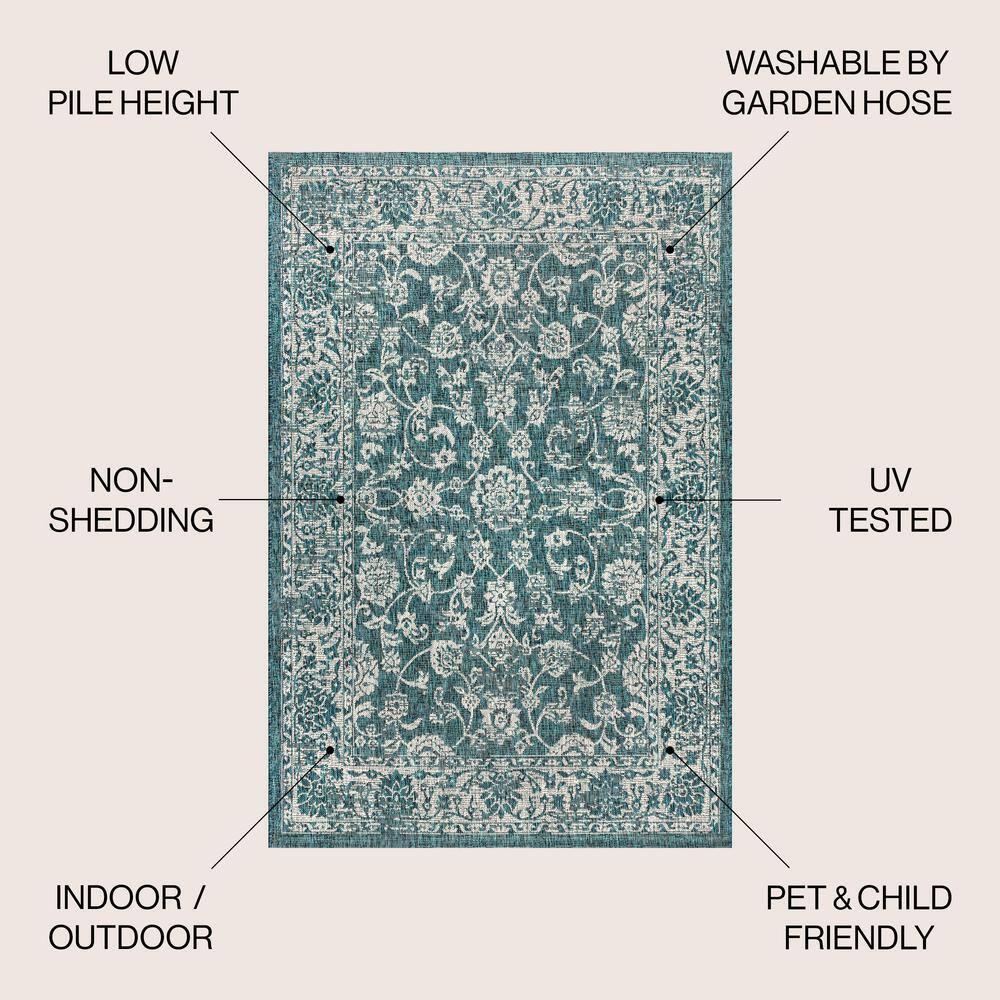 4'x6' Tela Bohemian Textured Weave Floral Indoor/Outdoor Area Rug, Teal/Gray - JONATHAN Y