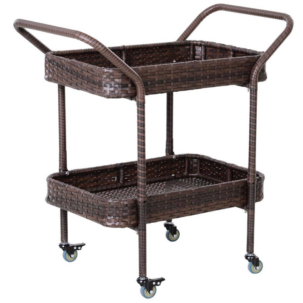 Outsunny Rattan Wicker Serving Cart with 2-Tier Open Shelf, Outdoor Wheeled Bar Cart with Brakes for Poolside, Garden, Patio