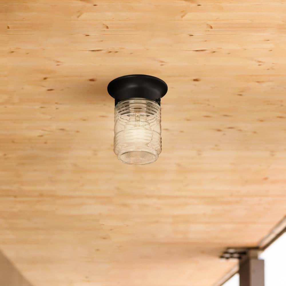 Design House Jelly Jar 1-Light Indoor/Outdoor Flush Mount Ceiling Light with Clear Ribbed Glass, Black