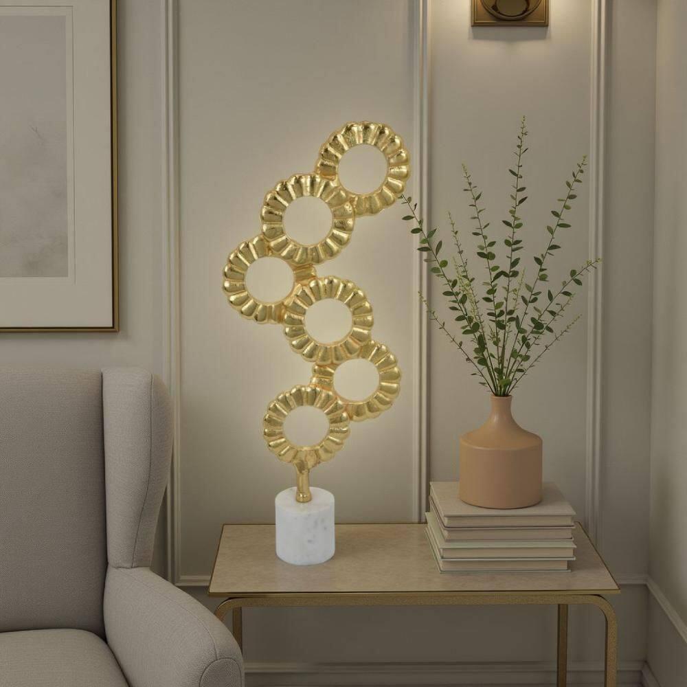 Benjara Sherry Tabletop Decor, 23 Inch Golden Metal Round Patterns, White Base