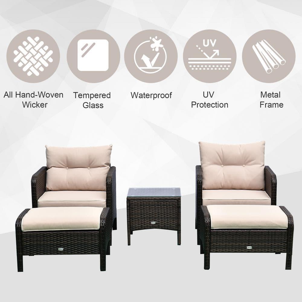 Outsunny 5 Piece Rattan Wicker Lounge Chair, Outdoor Patio Conversation Set with 2 Cushioned Chairs, 2 Ottomans & Top Coffee Table, Brown
