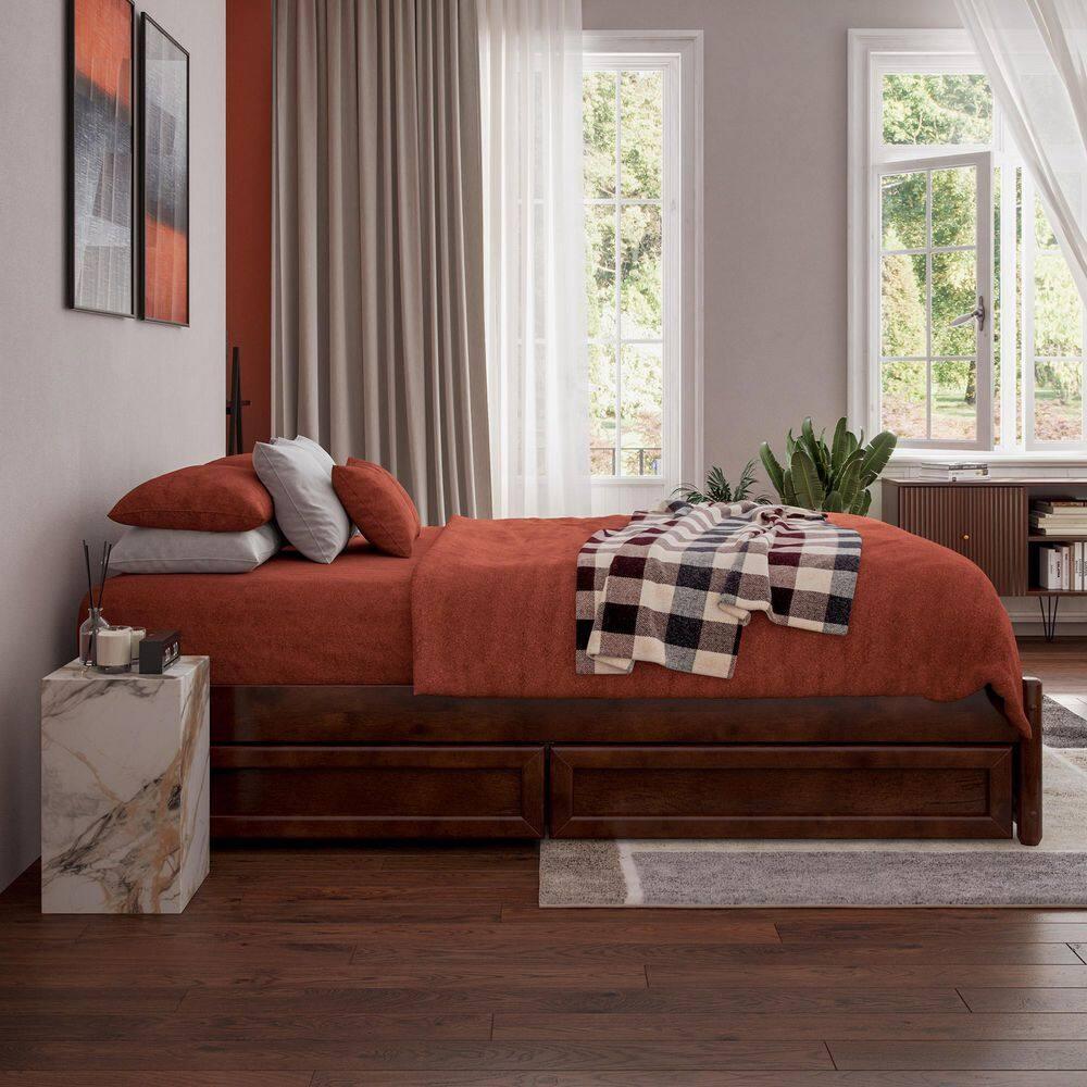 Barcelona Full Solid Wood Panel Platform Bed with Storage Drawers in Walnut