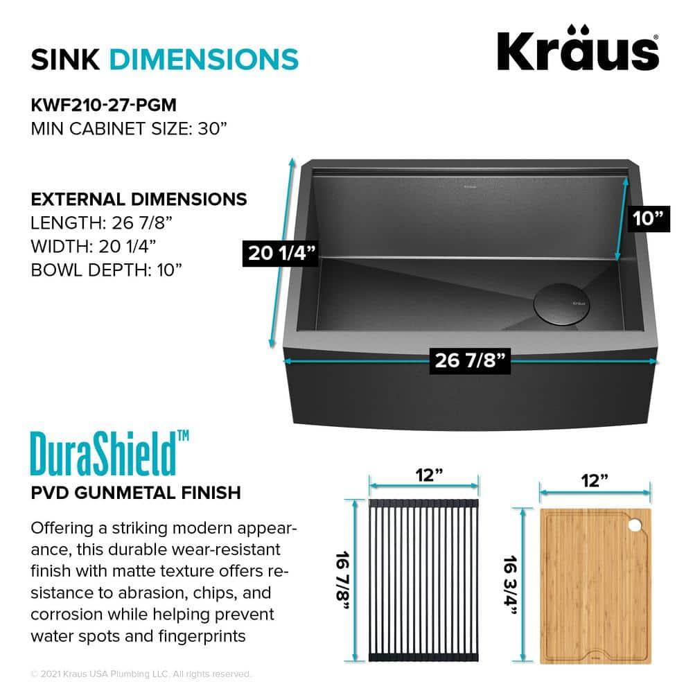 KRAUS Kore™ 27" L Farmhouse Apron Front Workstation 16 Gauge Black Stainless Steel Single Bowl Kitchen Sink