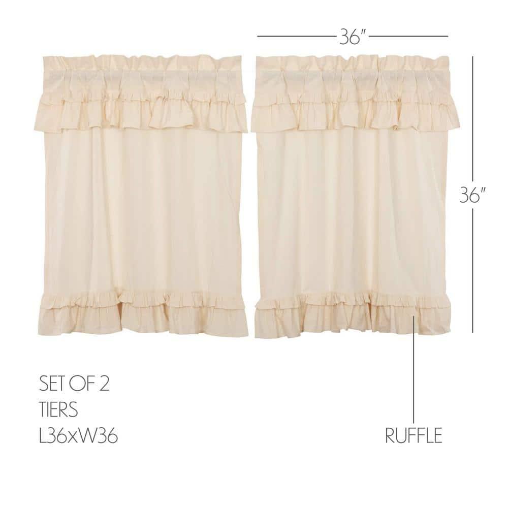VHC Brands Muslin Ruffled Cortinas de Cocina Estilo Granja de Algodón de Color Sólido con Bolsillo para Barra, Par de Niveles de 36x36, Blanco Crema Natural