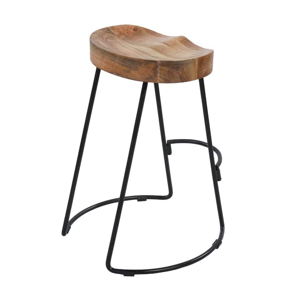 The Urban Port 24 Inch Mango Wood Industrial Counter Height Stool, Saddle Seat, Iron, Set of 2, Brown, Black