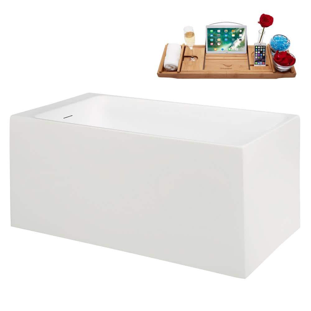 51" Streamline Soaking Glossy White Acrylic Freestanding Bathtub, Bamboo Tray, Drain