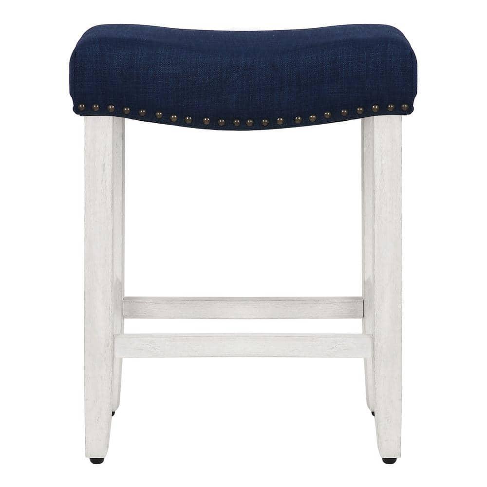 Polytrends Jameson Upholstered Polyester Antique White 24 Inch Counter Stool Antique White/Navy Blue Wood Wood Footrest Foam Modern & Contemporary
