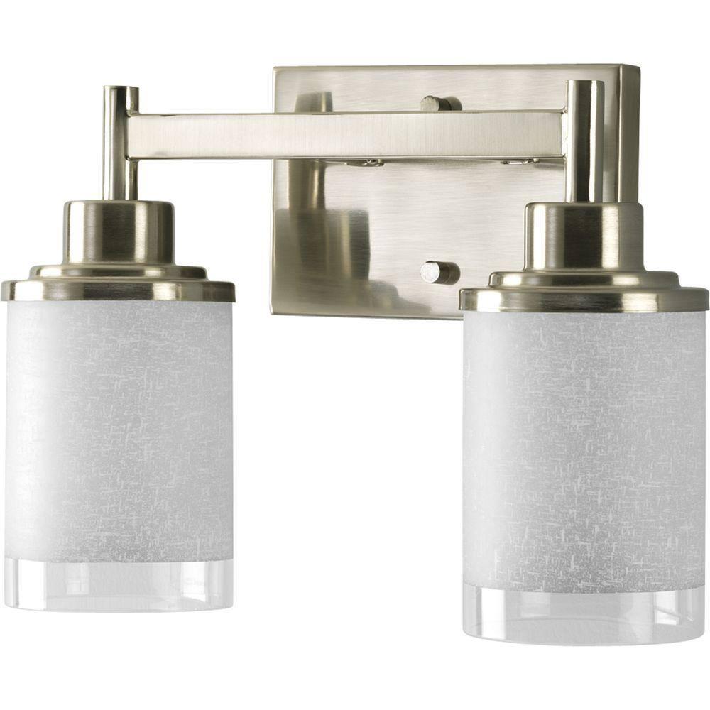Progress Lighting Alexa Collection 2-Light Bath Fixture, Brushed Nickel, White Linen Glass Shade