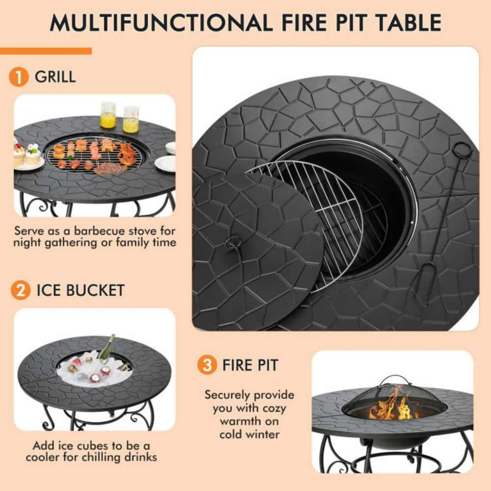 Costway 35.5'' Patio Fire Pit Dining Table Charcoal Wood Burning W/ Cooking BBQ Grate