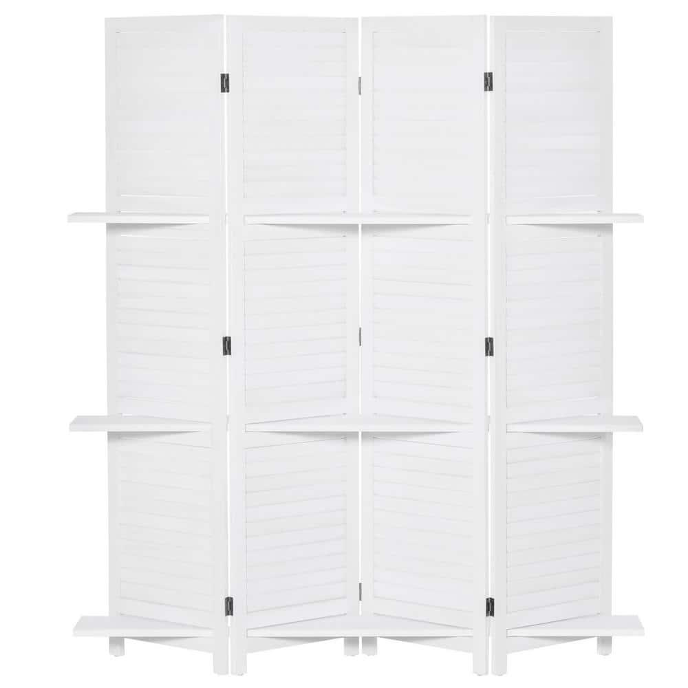 HOMCOM 4 Panel 67" Tall Wood Privacy Screen Room Divider with 3 Display Shelves, and Folding Storage for Bedroom or Home Office, White