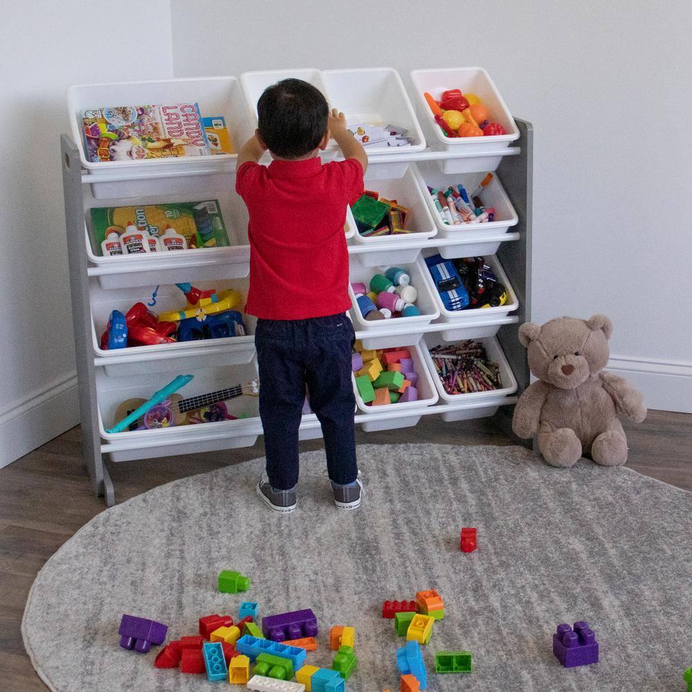 Humble Crew Inspire Supersized Toy Storage Organizer with 16 Plastic Storage Bins, Grey/White