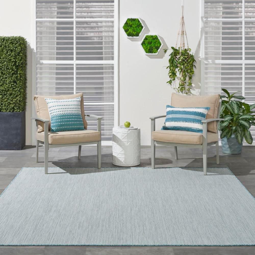 Nourison 6' x 6' Courtyard Modern Easy Care Flatweave Indoor Outdoor Square Rug Ivory/Aqua