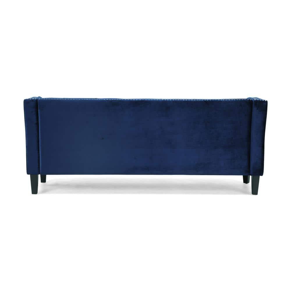 Noble House Claridge Button Tufted Velvet Sofa, Midnight Blue, Dark Brown