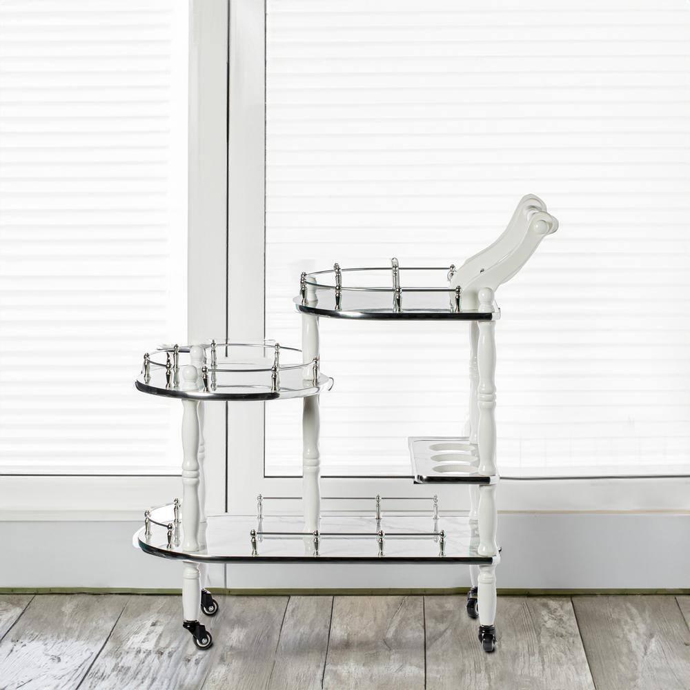 Fabulaxe Wood Serving Bar Cart Tea Trolley with 3 Tier Shelves and Rolling Wheels, Silver, White and Gray