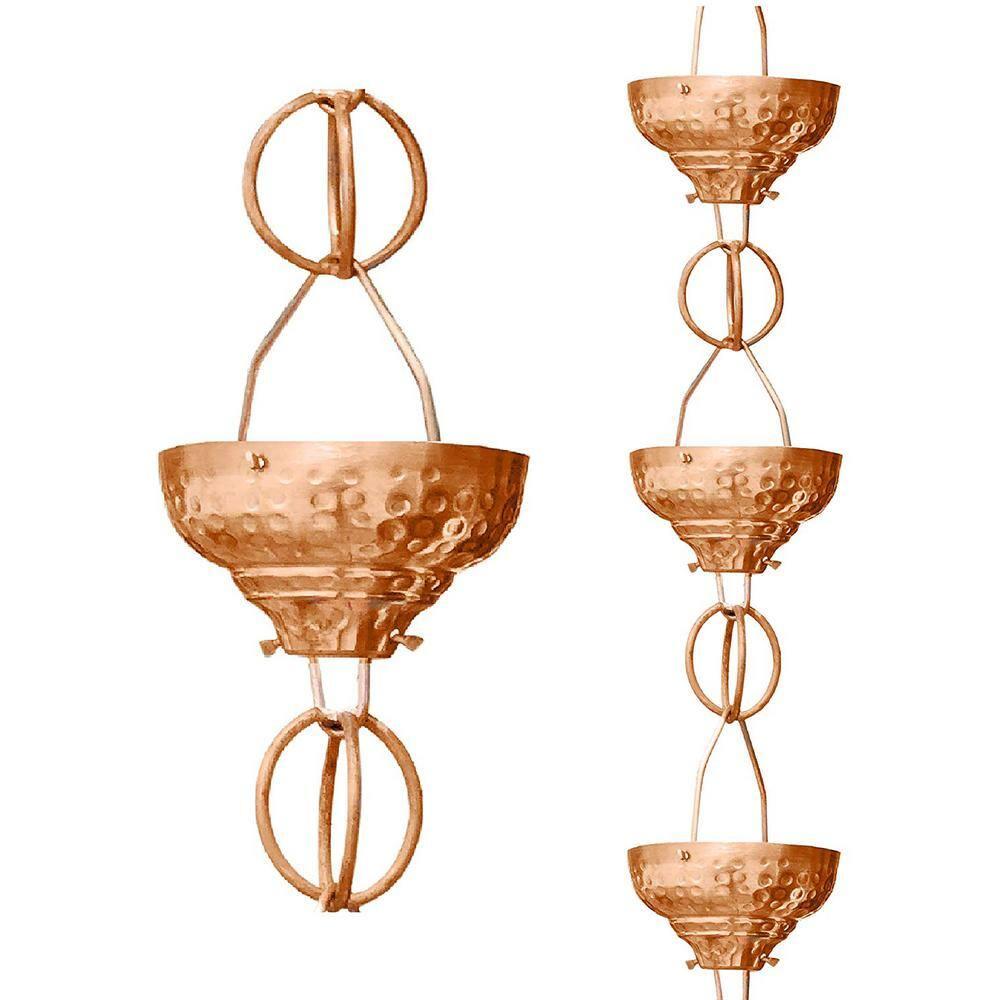 Monarch Rain Chains Pure Copper Eastern Hammered Cup Rain Chain Replacement Downspout for Gutters, 8-1/2 Feet Length