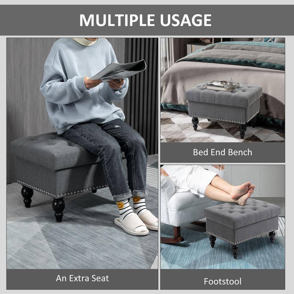 HOMCOM 25" Storage Ottoman with Removable Lid, Button-Tufted Fabric Bench for Footrest and Seat with Wood Legs, Grey