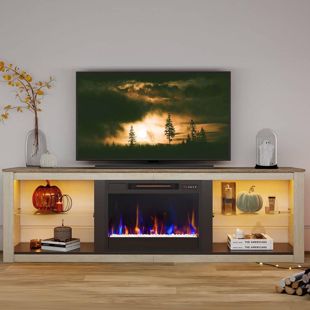 Bestier Modern Electric Fireplace TV Stand Entertainment Center for TVs up to 75" with LED Light and Storage Shelves in Wash White