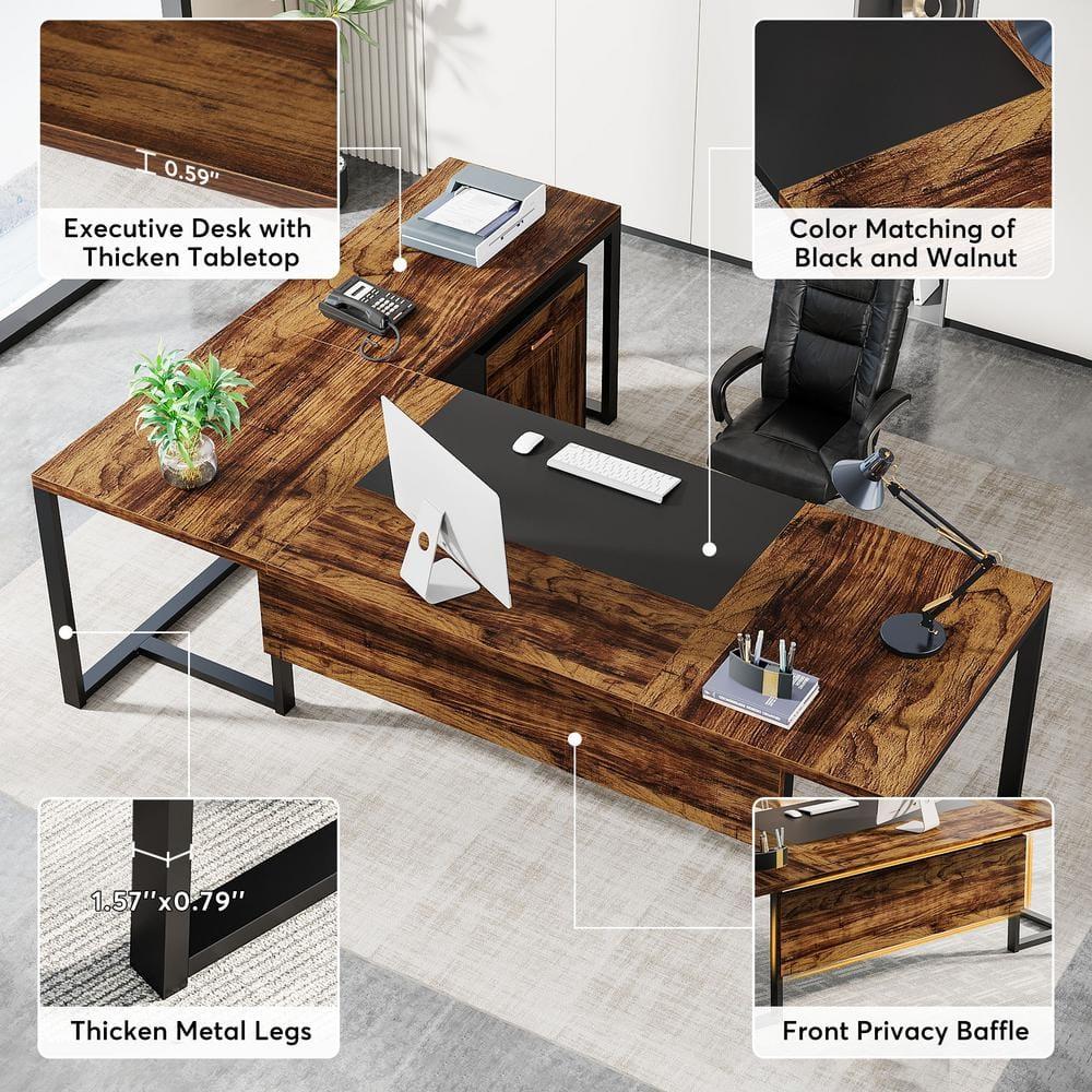 Capen 70.8 in. L Shaped Rustic Brown Wood Executive Desk with File Cabinet L Shaped Computer Desk for Home Office