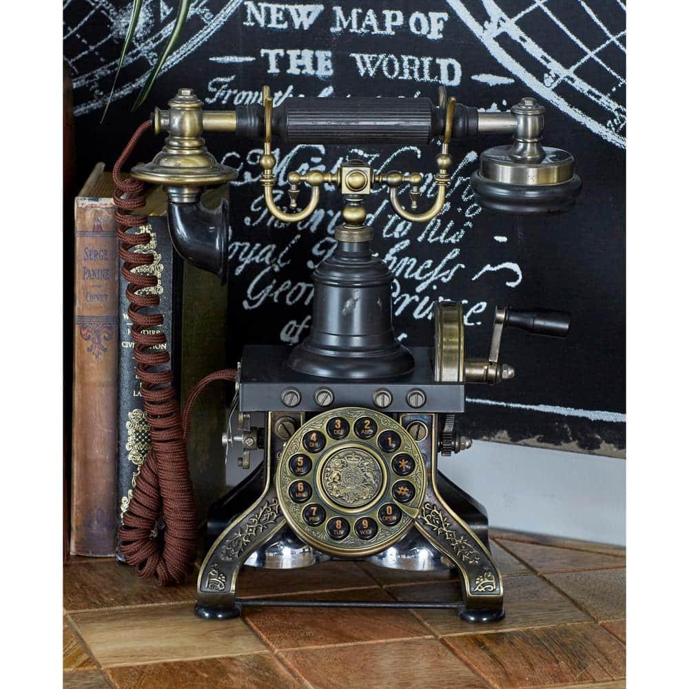 DecMode Vintage Telephone Accent Décor with Tarnish Black and Brass Finish, 10"W x 12"H