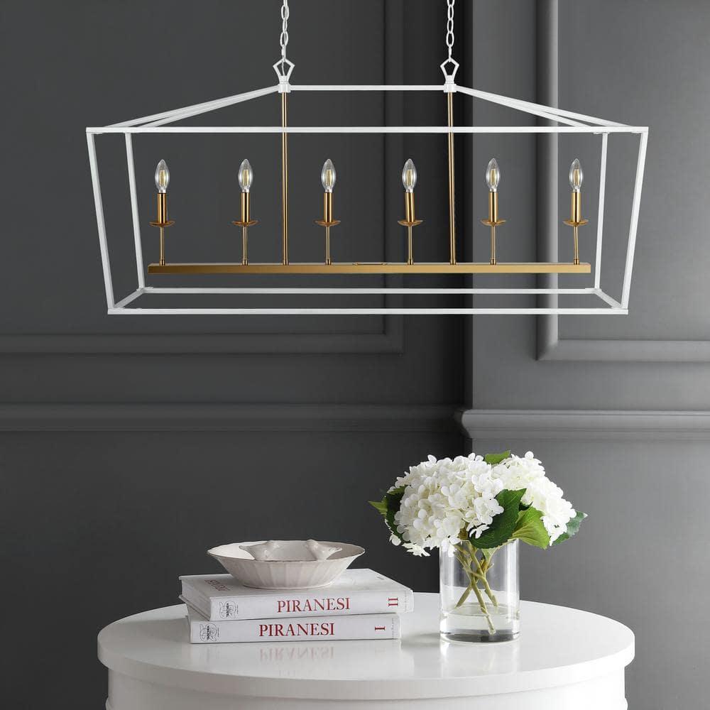 JONATHAN  Y Pagoda 49" Metal Linear Classic Traditional 6 -Light White Farmhouse Lantern Large Hanging Kitchen island light