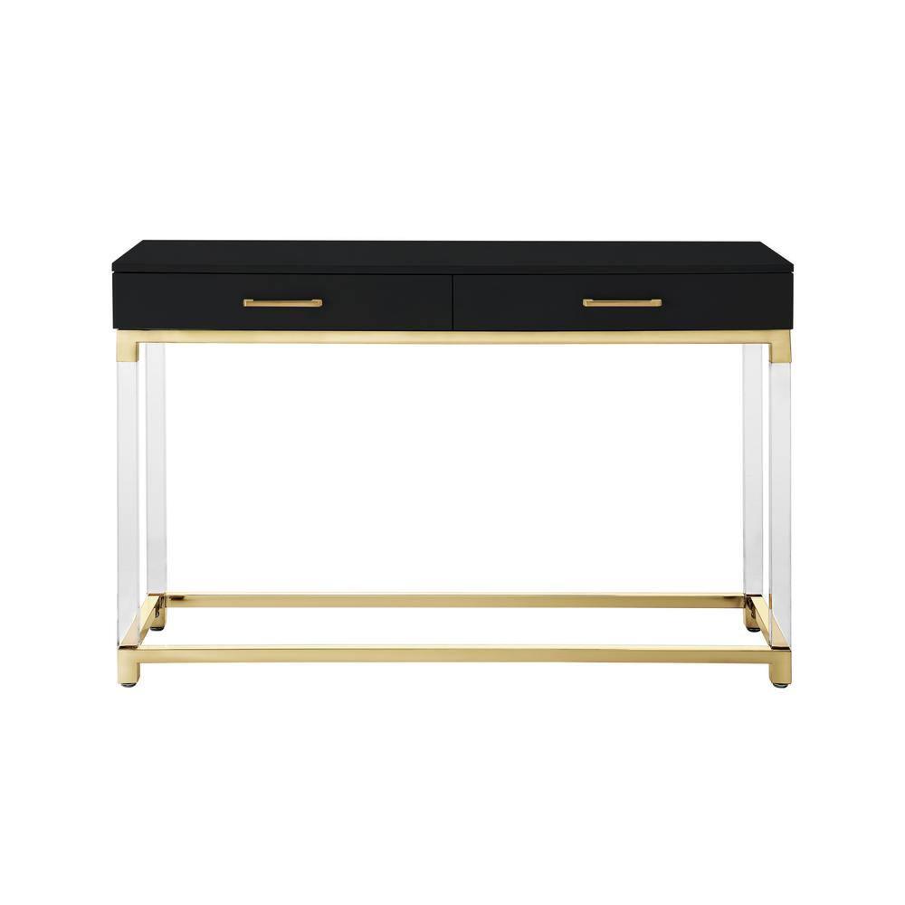 Inspired Home Alena Console Table 2 Drawers High Gloss Acrylic Legs Gold Stainless Steel Base Modern Design, Black/Gold